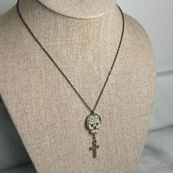 Forever 21 Rhinestone Embellished Skull Drop Cross Pendant Necklace Goldtone 16" - Picture 3 of 5